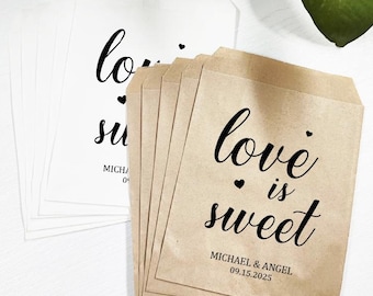 Love Is Sweet Bedankzakjes: gepersonaliseerde papieren traktatiezakjes, set van 10
