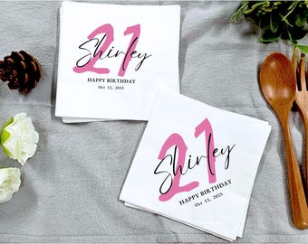 Personalized 21st Birthday Napkins，Happy Birthday Cocktail Napkins, Party Decor, Birthday Celebration, 21th, 25th, 30th, 40th, 50th Birthday