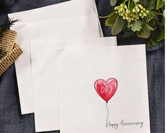 Personalised Napkins, Watercolour Heart Balloon, Wedding Napkins, Anniversary, Happy Couple