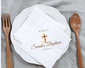 Personalized Baptism Napkins with Monogram & Elegant Cross - Custom Christening Party Supplies for Beverage and Dinner