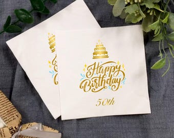 50e verjaardagsfeestje servetten, Happy Birthday cocktailservetten, gouden feestservetten, verjaardagsviering, 30e, 40e, 60e verjaardag