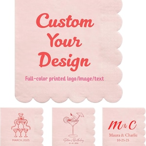 Personalisierte ausgebogte Servietten, 33 x 33 cm, Benutzerdefinierte Servietten TEXT/LOGO/BILD, Cocktail Dekor für Geburtstag, Hochzeit, Babyparty