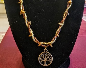 TREE of LIFE NECKLACE w/Tiger Eye Gemstones & Glass Seed Bead Accents