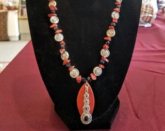Beaded Celtic Knot Necklace w/Red Jasper Gemstone/Stone Pendant & Accent Beads