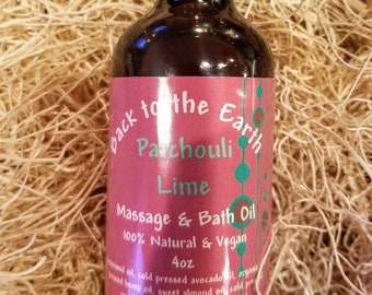 PATCHOULI-LIME Aromatherapy Massage & Bath Oil w/Pure Essential Oils- 4oz Earthy Blend- All Natural and Vegan