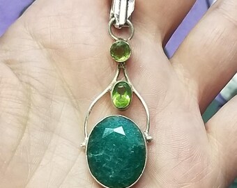 925 Sterling w/Peridot & Aventurine Faceted Gemstones/Stones Necklace Pendant