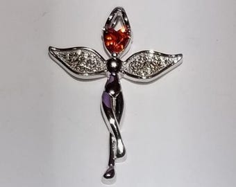 925 Sterling Silver Red Gemstone Heart Dancing Fairy/Angel Wing Necklace Pendant