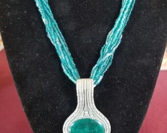 Vintage 70's Glass Seed Bead Bohemian Necklace with Green Starburst Enamel & Pewter Pendant