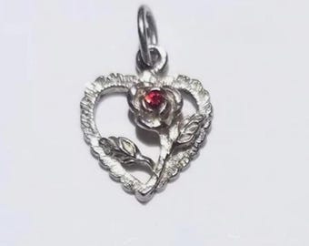 925 Sterling Silver Heart Necklace Pendant w/Red Gemstone Rose Love/Valentine
