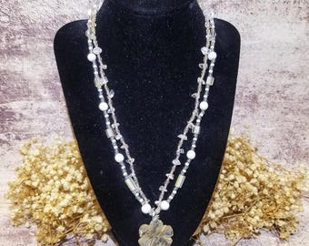 Earthy FLOWER Quartz Crystal Gemstone & Glass Bead ARTISAN Handcrafted NECKLACE