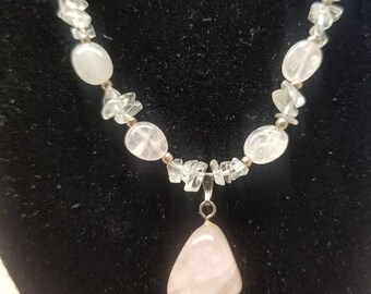 Pink Rose and Clear Crystal Quartz Metaphysical Beaded Gemstone/925 Sterling Necklace