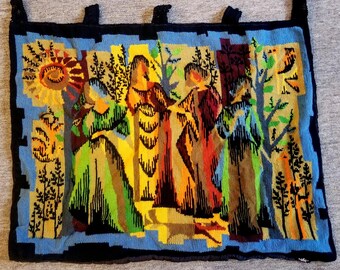 Vintage French Les Quatre Saisons Four Seasons Wool Needlepoint Wall Hanging Art