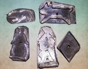 Primitive Folk Art ANTIQUE Tin Flat Back COOKIE CUTTERS Set Soldered Metal w/Handles