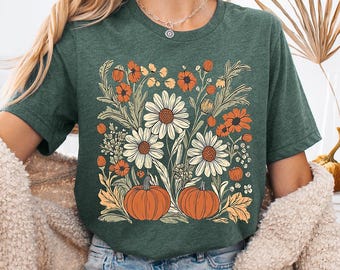 Boho Fall Floral Shirt, Retro Fall shirt, Autumn Vibes Shirt, Pumpkin Season Graphic Tee, Vintage Fall Pumpkin Aesthetic Vintage Fall Shirt