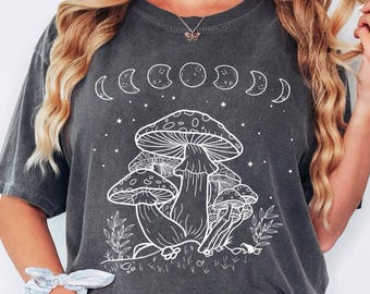 Comfort Colors® Mushroom Shirt, Moon Phases And Mushrooms Shirt, Magical Celestial Fungi Shirt, Goblincore Aesthetic, Cottagecore Mushroom