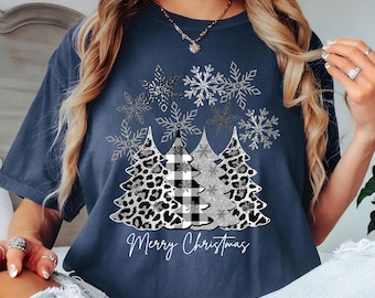 Comfort Colors® Silver and Black Leopard Christmas Tree Shirt, Holiday Shirt for Women, Leopard Christmas Shirt, Merry Christmas Shirt, Xmas