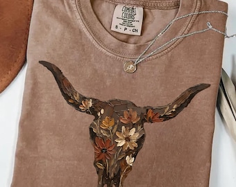 Comfort Colors®Boho Cow Skull Shirt, Western Graphic Tee, Bull Skull Shirt,Cowgirl Tshirt, Cowboy Shirt,Country Girl Shirt,Western Clothing
