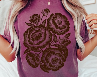 Comfort Colors® Vintage Linocut Flower Shirt, Peonies & Ranunculus Tee, Retro Block Print Peonies Shirt ,Cottagecore Boho Botanical Floral