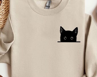 Black Cat Sweatshirt, Cat Shirt, Cute Kitty Tee, Kitten T-shirt, Gift for Cats Lover, Cat Mom Shirts, Cat Shirt Women, Cat Pocket Shirt, Cat