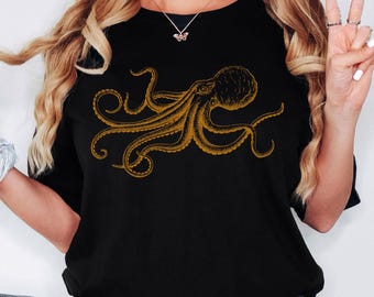 Octopus Japanese Calligraphy Shirt, Gyotaku Traditional Art Japan Anime Manga Gold Print Yoga Martial Arts Samurai Mens Womens Printed Tee