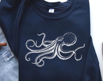 Octopus Japanese Calligraphy Sweater ,Gyotaku Traditional Art Japan Anime Manga Gold Print Yoga Martial Arts Samurai Mens Womens Printed Tee
