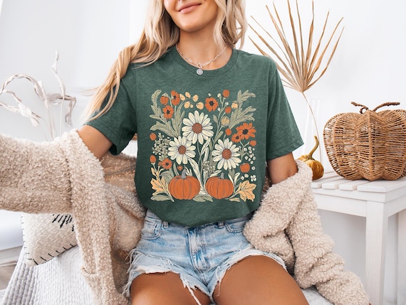 Boho Fall Floral Shirt, Retro Fall shirt, Autumn Vibes Shirt, Pumpkin Season Graphic Tee, Vintage Fall Pumpkin Aesthetic Vintage Fall Shirt