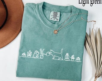 Comfort Colors® Cat Watering Plants Shirt, Plant Lady, Cats and Plants, Gift Shirts for Cat Lover, Succulent Plants Shirt, Gardening Shirt