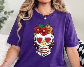 Sugar Skull Flower Crown, Day of the Dead T-Shirt, Halloween Shirts, Halloween T-shirt For Women, Flower Skull Shirt, Halloween Party Shirt