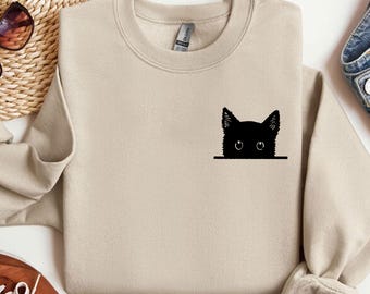 Black Cat Sweatshirt,Cat Shirt, Cute Kitty Tee, Kitten Shirt,Gift for Cats Lover, Cat Mom Shirt, Cat Shirt Women, Cat Shirt,Cat Pocket Shirt