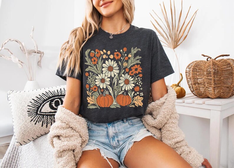 Boho Fall Floral Shirt, Retro Fall shirt, Autumn Vibes Shirt, Pumpkin Season Graphic Tee, Vintage Fall Pumpkin Aesthetic Vintage Fall Shirt bild 8