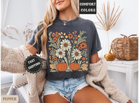 Comfort Colors® Boho Fall Floral Shirt, Retro Fall Tshirt, Autumn Vibes Shirt, Pumpkin Season Graphic Tee, Vintage Fall Pumpkin Aesthetic