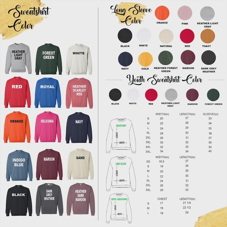 May include: A color chart for sweatshirts and long-sleeve shirts, featuring various colors like black, white, red, and orange. The chart includes size and measurement details in inches for different styles, including youth sizes.