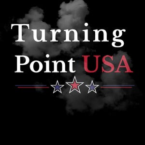 May include: Black background with white text reading "Turning Point USA." The word "USA" is in red. Below the text are three stars, one red and two blue, with red and blue lines.