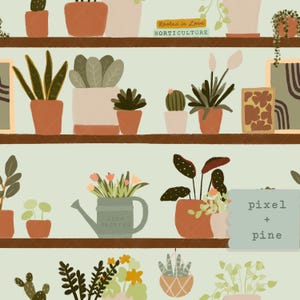 Plant Wall Shelves Seamless Pattern 300 DPI PNG Instant Download Digital Papers Fabric Surface Design Potted Plants Repeat Pattern File
