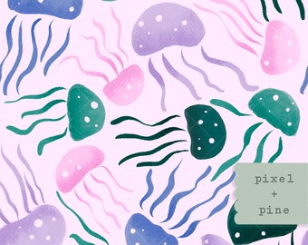 Jellyfish Seamless Pattern - 12x12” 300 DPI PNG Digital Paper with Purple Aqua Sea Life Fun Ocean Print for Crafts, Fabric, Sublimation
