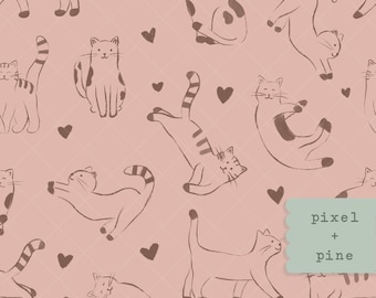 Playful Neutral Cat Seamless Pattern | 12x12” Digital Paper | Cute Cat PNG Download | 300 DPI Cat Lover Print | Beige Kitten Design