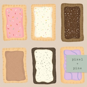 Może przedstawiać: Sześć ilustracji przedstawiających różne smaki pop-tartów. Pop-tarty są wszystkie prostokątne i mają brązową skórkę. Nadzienie jest różowe z pomarańczowymi posypkami, białe z kolorowymi posypkami, brązowe z białymi posypkami, brązowe, białe z czarnymi posypkami i fioletowe.