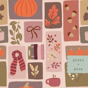 Autumn Cozy Checkerboard Seamless Pattern – Hand-Drawn Fall Leaves, Pumpkins & Books - 12x12” PNG Digital Download - 300 DPI Instant File
