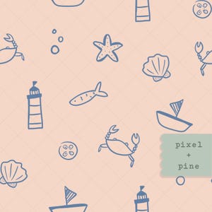 Hand Drawn Nautical Seamless Pattern | Blue Coastal Sea Life Clipart | 12x12” 300 DPI PNG | Beach Ocean Digital Paper for Fabric & Scrapbook