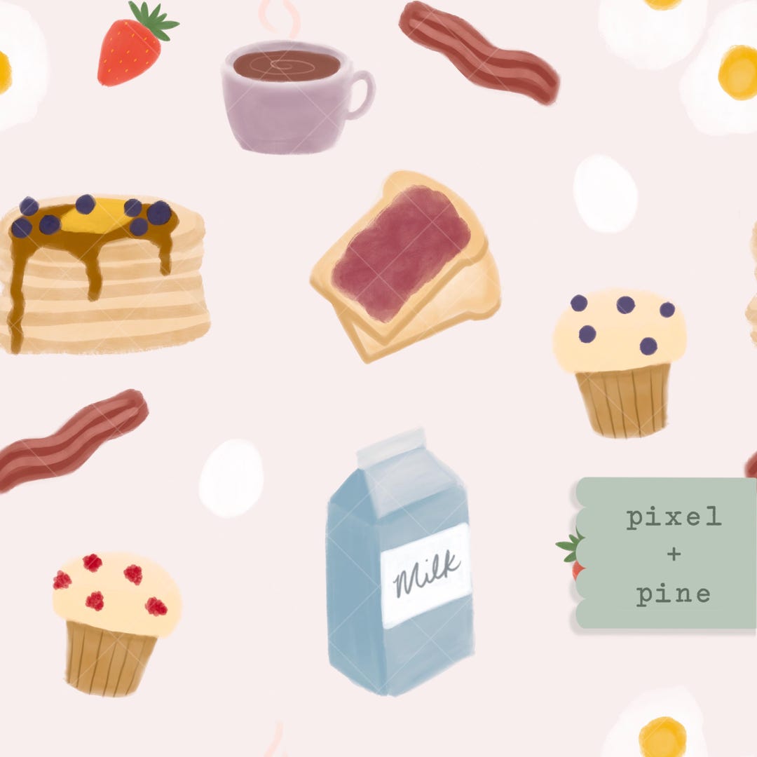 Breakfast Seamless Pattern Design File, Gouache Pancakes Milk Eggs ...