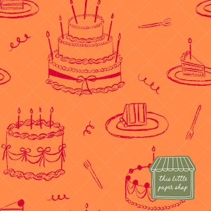 以下が含まれることがあります： オレンジ色の背景に、赤い線で描かれたバースデーケーキ、ケーキのスライス、フォーク、カールリボンのシームレスパターン。ケーキにはろうそくと装飾要素があります。「this little paper shop」の文字は緑色のショップサインにあります。