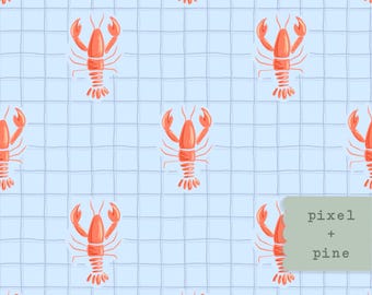 Hand Drawn Lobster Seamless Pattern | Light Blue Gingham Background | 12x12” 300 DPI PNG Digital Paper | Nautical Coastal Summer Design