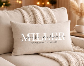 Oreiller nom de famille personnalisé, Coussin lombaire en lin personnalisé pour couple, Cadeau de mariage pour date fixe, Cadeau de pendaison de crémaillère, Nom de famille