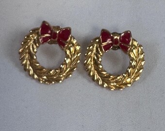 Pendientes de moda con corona dorada y lazo rojo para Navidad, para mujer
