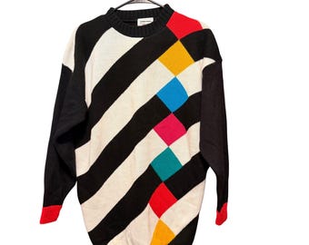 Vintage New Addition Maternity Sweater Medium Black White Geometric Colorblock