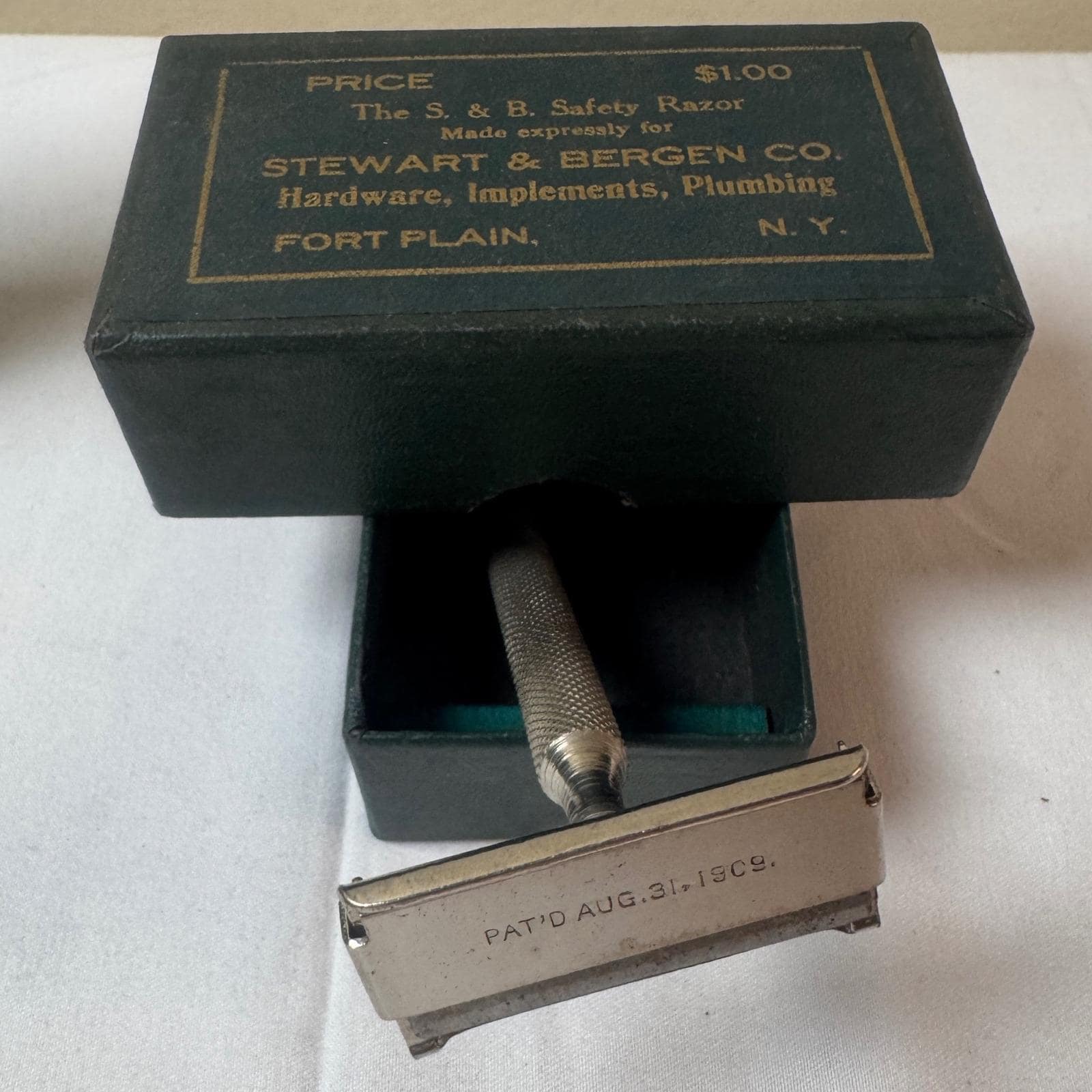 Antiek S. B. Safety Razor, Stewart & Bergen Co., gepatenteerd 1909