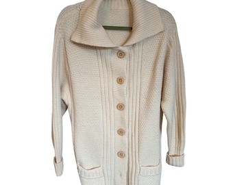 Vintage Cream Chunky Knit Shawl Collar Cardigan Sweater Button Up Ivory Large