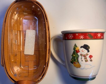 Longaberger Christmas Snowman Ceramic Mug and 1998 Handwoven Basket with Liner