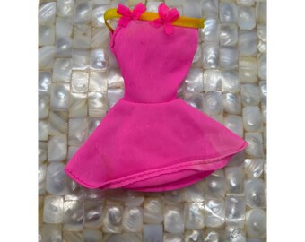 Vintage Mattel Barbie Neon Pink Mini Dress Yellow Trim Bows Genuine Tag 90s
