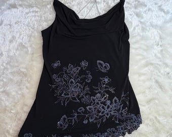 Tres Monkey Womens Black Floral Butterfly Cowl Neck Top Rhinestone Y2K Large